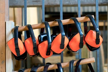 Multiple Orange Hearing Protectors on Wooden Stand