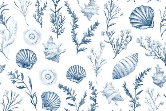 pattern of sea shells and herbs, soft blue ink on white background, repeating elegant coastal motif