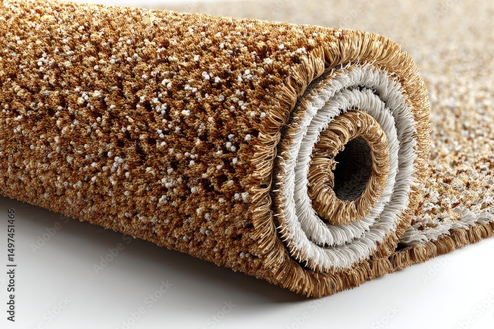Poster roll of textured carpet in warm tones displayed on a clean surface ready for installation in a cozy 