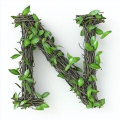 Letter N made from tree branches alphabet nature character, isolated white