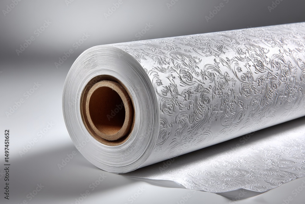 Poster decorative embossed paper roll displayed on a flat surface in a well-lit studio space showcasing fin