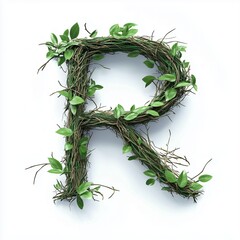 Letter R made from tree branches alphabet nature character, isolated white