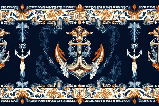 pattern of tridents, anchors, shells and embroidery borders symbolic mix of Tryzub and marine motifs