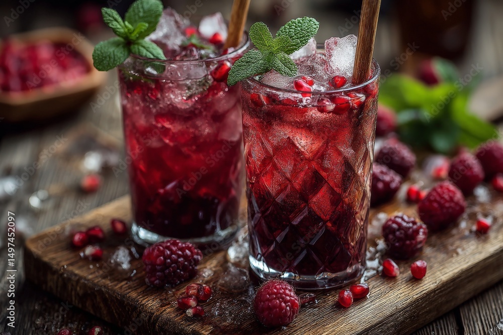 Poster refreshing raspberry and pomegranate drinks served with mint garnish on a rustic wooden table