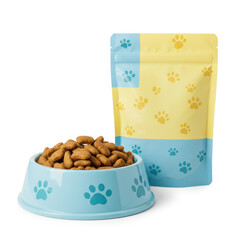 Pet food in bowl and package isolated on white background