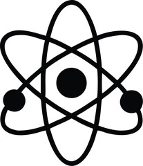 Simplified black atom model displays orbiting electrons around the nucleus on white background