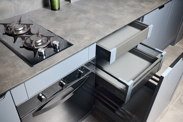 Pull out rack cabinets drawers. Flush up slip handle finger pull handle of drawers for dishes,...