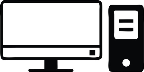 Bold black computer display and tower icon convey simplicity on a transparent background