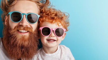 Father with red beard and little son with bright red hair, with bizarre identical haircuts, in identical stylish sunglasses on uniform background