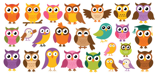 Collection of Cute Cartoon Owls and Birds Illustrations