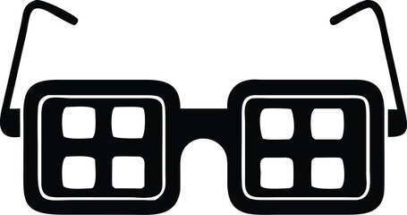 Bold minimalist eyeglasses feature four small squares within each black lens; transparent background