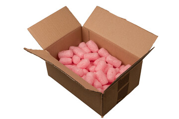 Cardboard box and white filling material in it isolated on a white background.