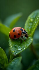 A close-up of a small red ladybug with black spots on a green leaf in nature