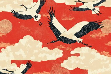 `pattern with folk cranes flying