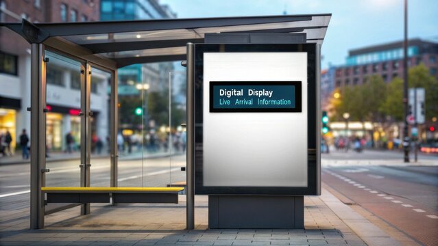 Modern bus stop with digital display showing live arrival information in an urban city street setting.