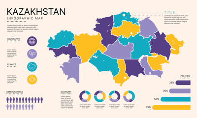 Kazakhstan Infographic Map with separated administrative districts, editable separated layers, zones and data visualization elements. Infographic Map for presentation. Vector illustration