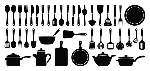 Fototapeta premium Collection of Black Kitchen Utensils and Cookware Icons