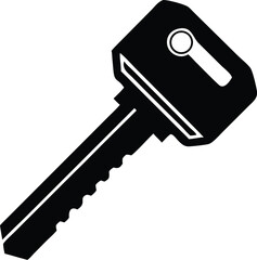 Black silhouette of a modern key on white shines through clear background