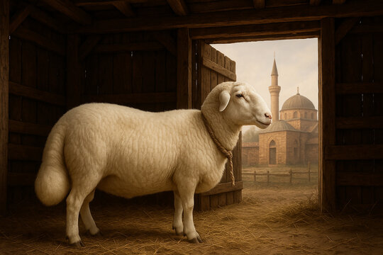 Rustic Dumba in Eid Farm Scene with Mosque Background. Generative AI.