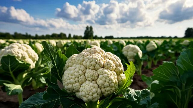 Cauliflower growing in agricultural field under blue sky