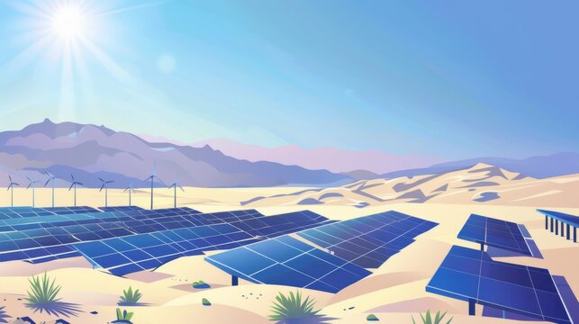Solar Panels and Wind Turbines in a Desert Landscape