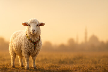 Eid Al Adha Sheep Poster Golden Hour Minimalist Clean Space. Generative AI.