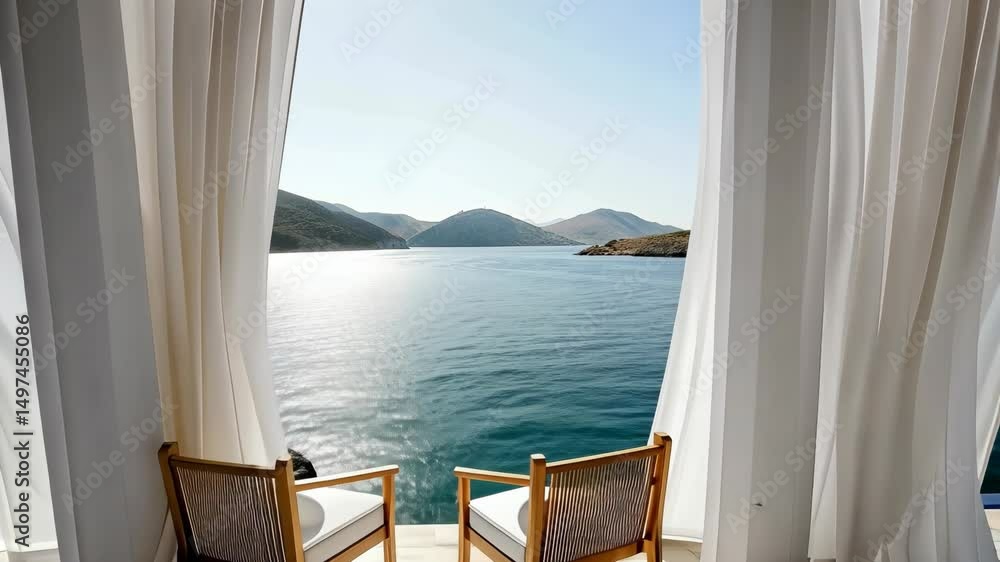 Poster relax in a tranquil setting with breathtaking sea views framed by flowing curtains and mountains in 