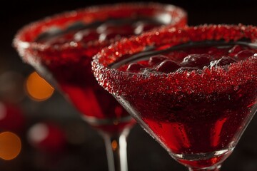Delightful red cocktails served in elegant glasses with sugar rims at an evening gathering