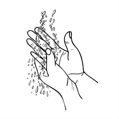 Hands being washed under flowing water monochrome vector illustration in linear style. For hygiene education materials, health awareness campaigns, bathroom decor, and step by step sanitation guides