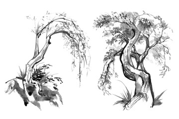 Watercolor and ink brush painting of trees in a monochrome oriental Chinese style.