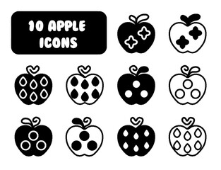 Cute Apple Icons Set, 10 Fun Black and White Apple Fruit Designs for Kids and Coloring Books © Distiny