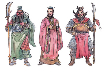 Watercolor and ink portraits of Guan Yu, Liu Bei, and Zhang Fei standing
