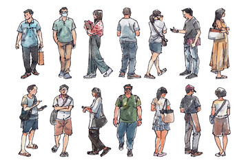 Watercolor and ink illustration of people walking through a shopping mall