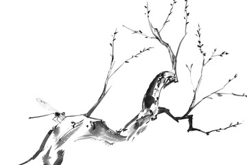 Minimalist watercolor and ink painting of a dry branch with a dragonfly in oriental Chinese style.