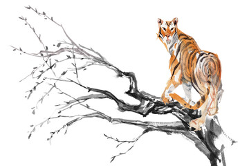 Minimalist watercolor and ink painting of a tiger on top of a dry branch