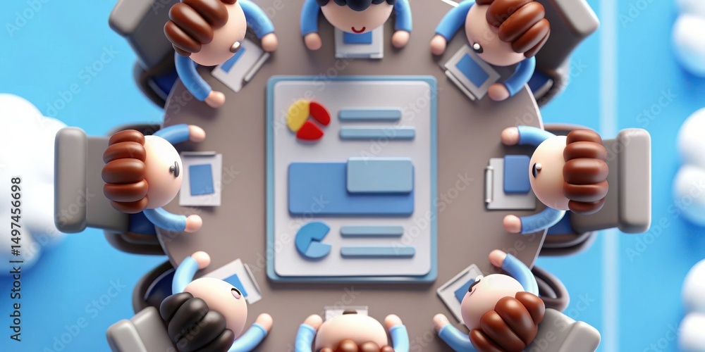 Poster a team of cartoon figures sits around a conference table with charts, discussing business in a colla
