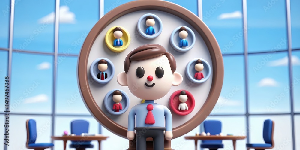 Poster a clay figure of a businessman stands in front of a round network board with other figures, inside a