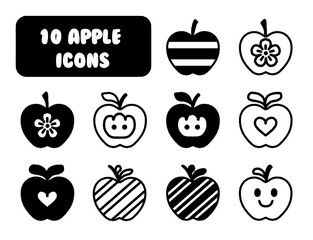 Cute Apple Icons Set, 10 Fun Black and White Apple Fruit Designs for Kids and Coloring Books
