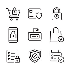 Secure Checkout and Payment Protection Icons. Secure Online Transactions: Line Icons for Payment and Data Protection
