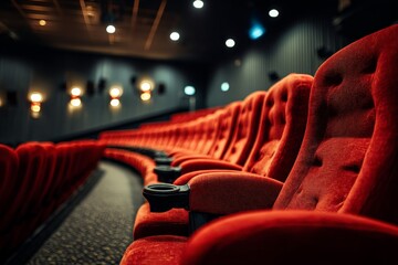 Empty red cinema seats in a modern theater during a daytime screening with dim lighting and a cozy atmosphere