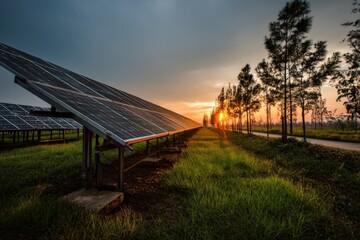 Solar panels in a green field capture sunlight during sunset with trees lining the horizon