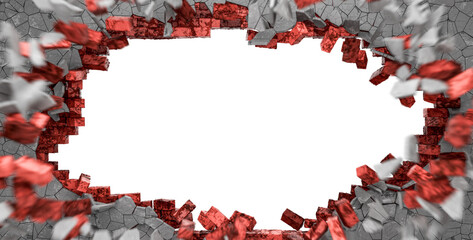 Brick explosion background. Brick wall destruction on black background. Many flying and falling brick walls. Cracks on brick wall. Destruction. 3d render