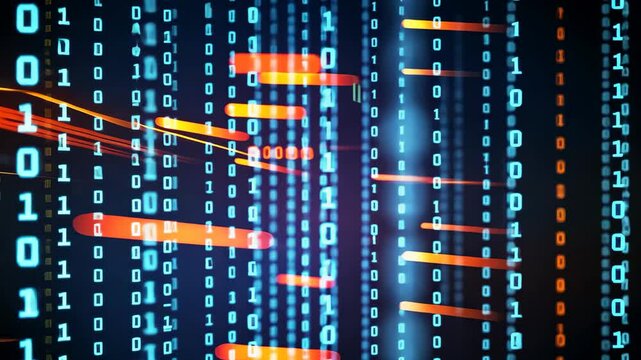 Experience vibrant digital data streams with glowing binary numbers on a dark background for a futuristic vibe