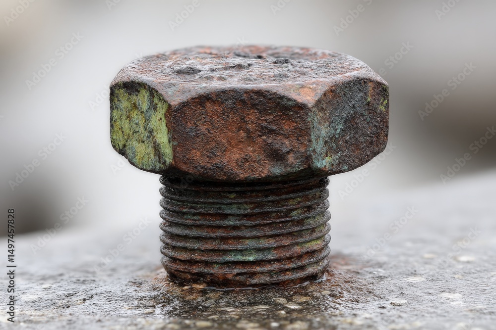 Poster rusty bolt resting on a concrete surface showing texture and aging signs in a close-up view