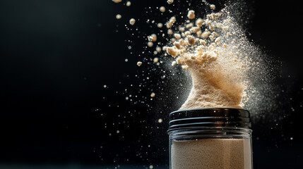 Close-up of sand falling from a gym powder protein shaker, isolated on a black background.