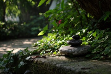 Stacked stones on a garden stone surface surrounded by greenery during the afternoon light