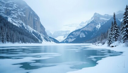 Obraz premium A serene winter landscape of a frozen lake with snow-covered mountains in the background.