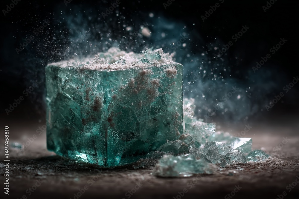 Poster fragmenting ice cube creates dynamic visual effect with dust and shattered pieces in low light