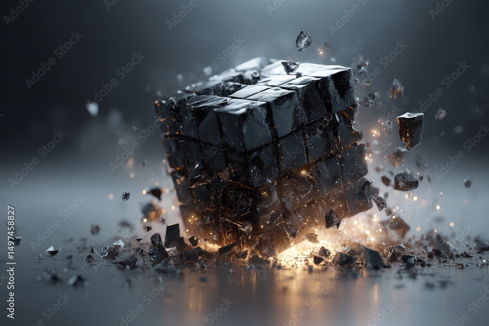 Poster exploding black cube creates an artistic display in a modern design setting