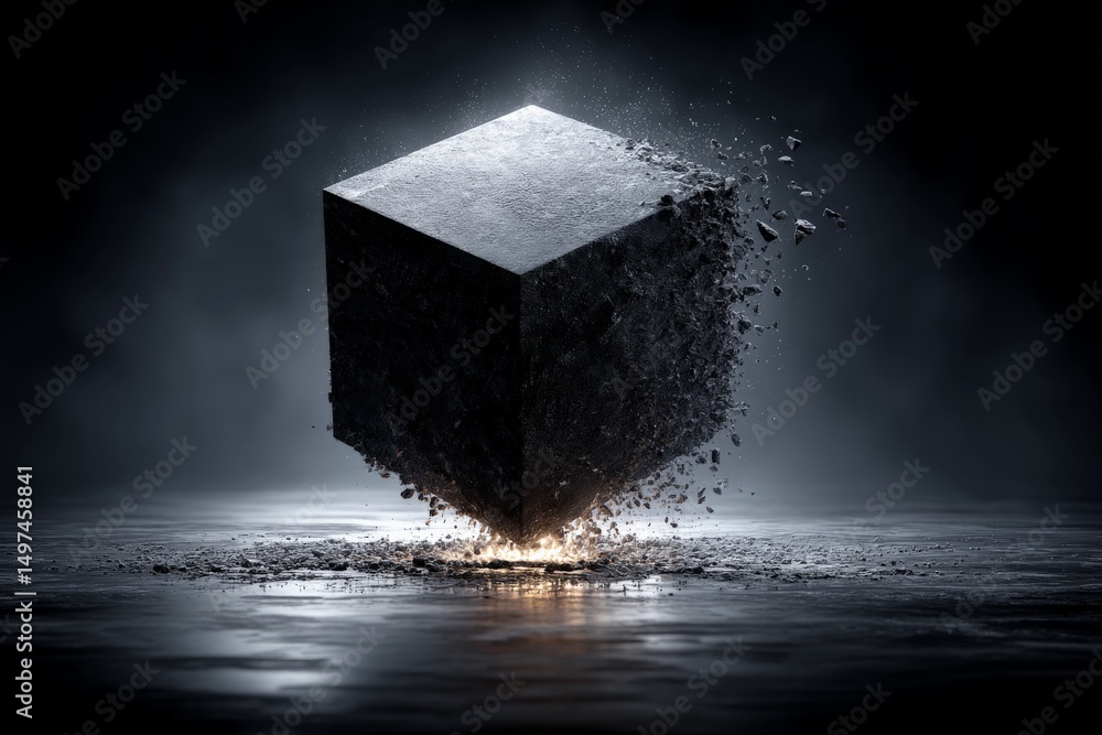 Poster dark floating cube with particles rising around it in a mysterious environment